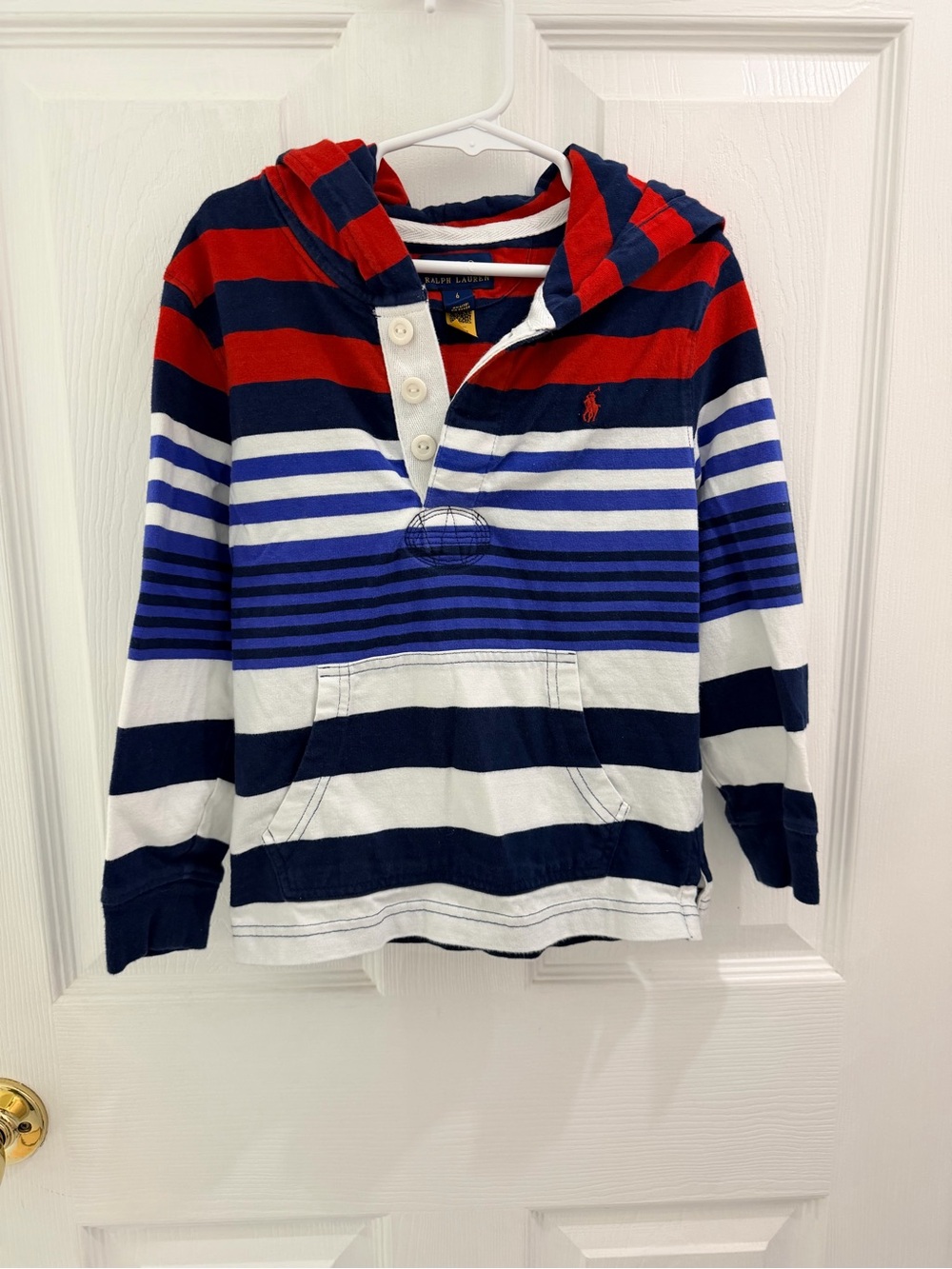Polo Ralph Lauren Boys Size 6 Striped Hooded Shirt Red Navy Blue